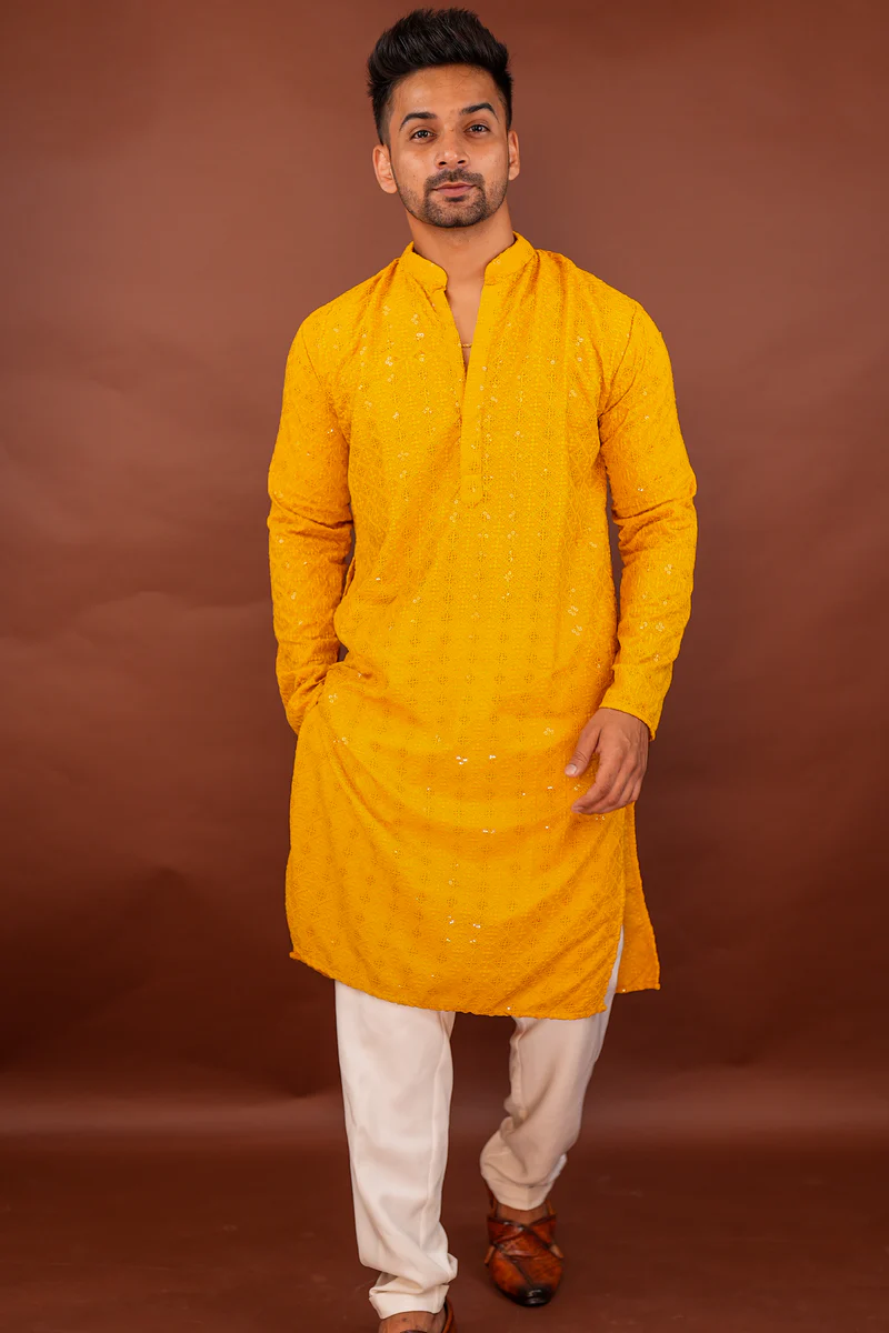 Yellow Embroidered Long Festive Kurta