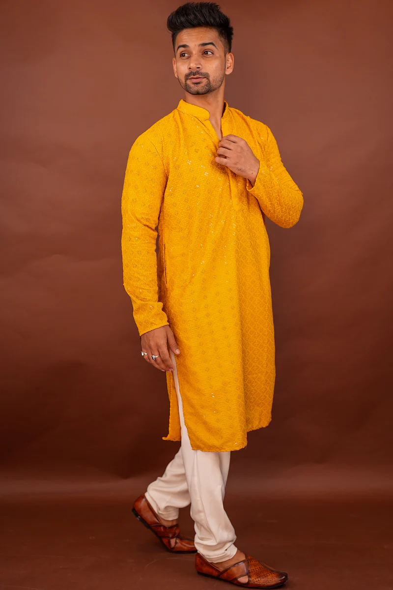Yellow Embroidered Long Festive Kurta
