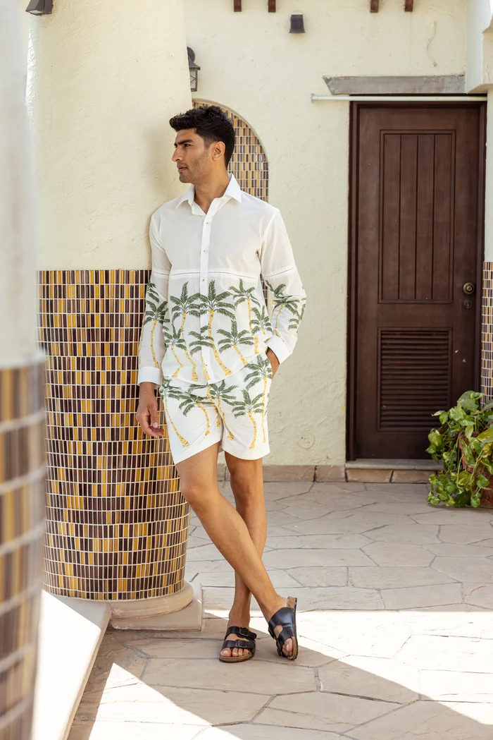 Grey Tropical Print Mens Co Ord Set