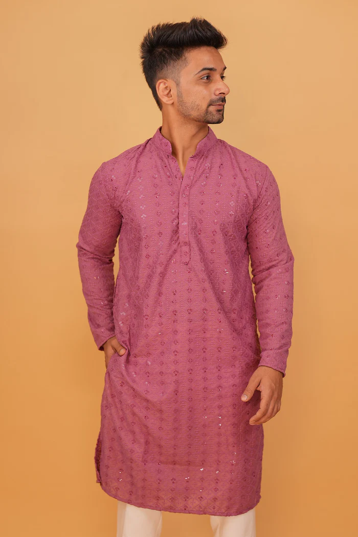 Pink Embroidered Long Festive Kurta