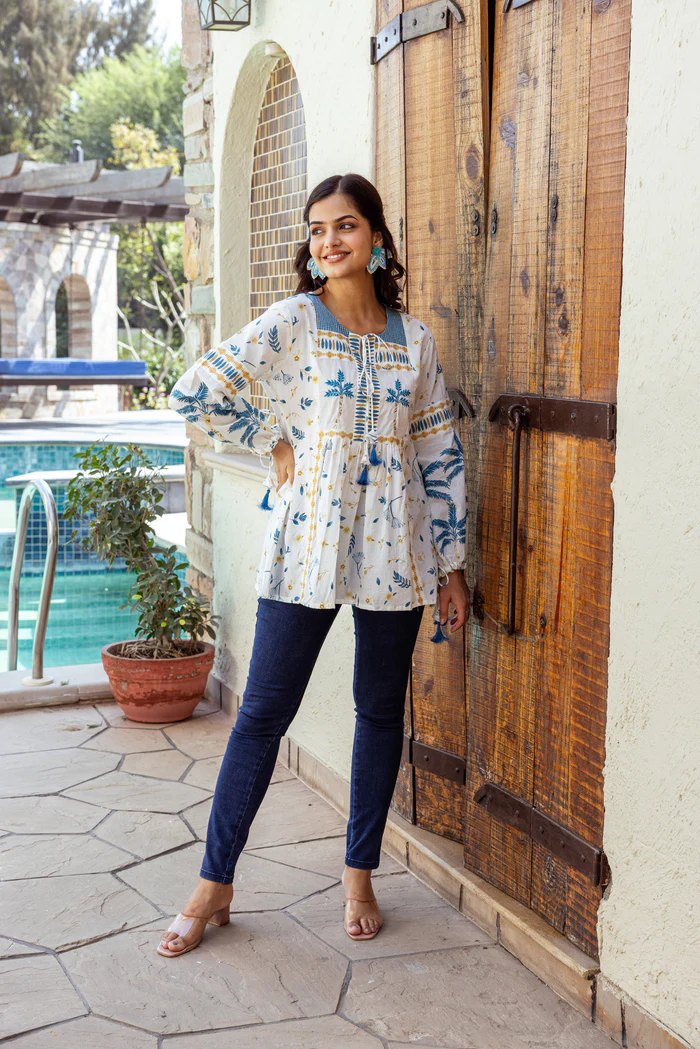 Grey Tropical Print Cotton Top