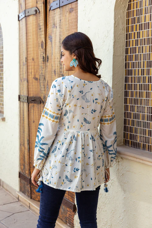 Grey Tropical Print Cotton Top